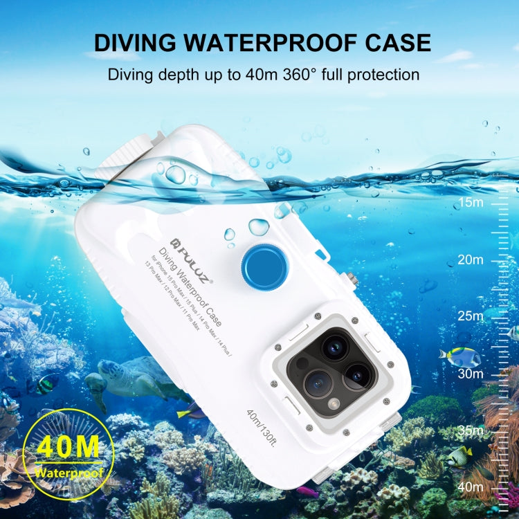 PULUZ 40m/130ft Waterproof Diving Case for iPhone 15 Pro Max / 15 Plus / 14 Plus / 14 Pro Max / 13 Pro Max / 12 Pro Max / 11 Pro Max, with One-way Valve Photo Video Taking Underwater Housing Cover(White) - HoMEdemic™ 