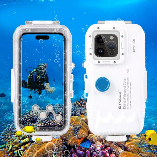 PULUZ 40m/130ft Waterproof Diving Case for iPhone 15 Pro Max / 15 Plus / 14 Plus / 14 Pro Max / 13 Pro Max / 12 Pro Max / 11 Pro Max, with One-way Valve Photo Video Taking Underwater Housing Cover(White) - HoMEdemic™ 