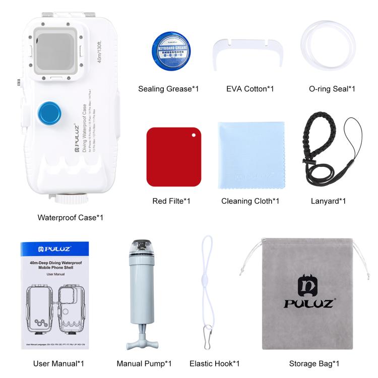 PULUZ 40m/130ft Waterproof Diving Case for iPhone 15 Pro Max / 15 Plus / 14 Plus / 14 Pro Max / 13 Pro Max / 12 Pro Max / 11 Pro Max, with One-way Valve Photo Video Taking Underwater Housing Cover(White) - HoMEdemic™ 