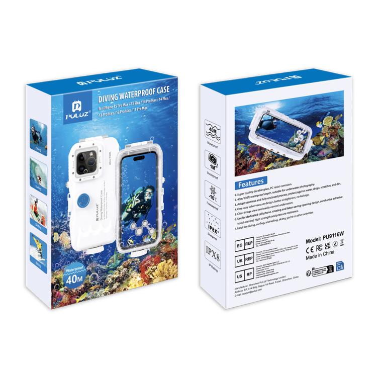PULUZ 40m/130ft Waterproof Diving Case for iPhone 15 Pro Max / 15 Plus / 14 Plus / 14 Pro Max / 13 Pro Max / 12 Pro Max / 11 Pro Max, with One-way Valve Photo Video Taking Underwater Housing Cover(White) - HoMEdemic™ 