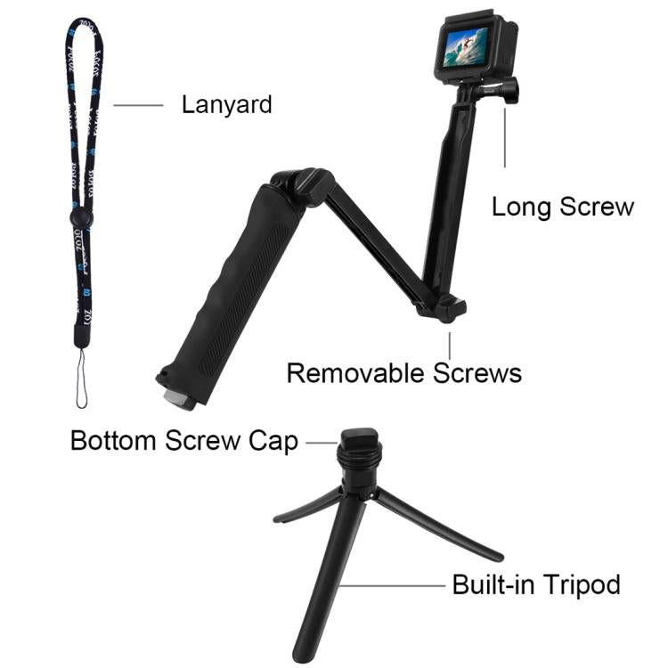 PULUZ 3-Way Grip Foldable Tripod Selfie-stick Extension Monopod for GoPro, Insta360 ONE R, DJI Osmo Action and Other Action Cameras, Length: 20-58cm - HoMEdemic™ 