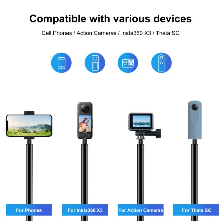 PULUZ 3m Metal Selfie Stick Monopod  for Insta360 One RS / X2 / X3 / X4 / DJI Osmo 360 (Black) - HoMEdemic™ 
