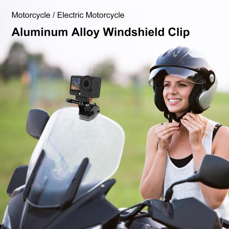 PULUZ Motorcycle Windshield Action Camera Mount Clip for GoPro Hero12 Black / DJI Osmo Action 4 / Insta360 X4 / Ace Pro and Other Action Cameras (Black) - HoMEdemic™ 