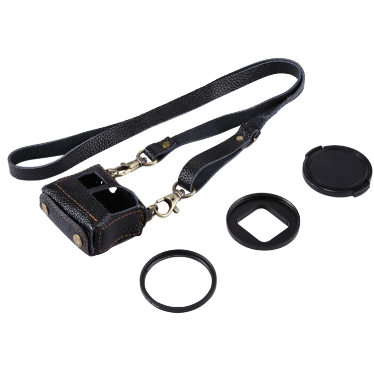 PULUZ for GoPro HERO7 Black /6 /5 Litchi Texture Genuine Leather Housing Case with Set Key Hole & Neck Strap & 52mm UV Lens(Black) - HoMEdemic™ 