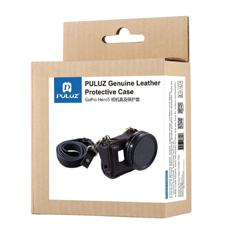 PULUZ for GoPro HERO7 Black /6 /5 Litchi Texture Genuine Leather Housing Case with Set Key Hole & Neck Strap & 52mm UV Lens(Black) - HoMEdemic™ 