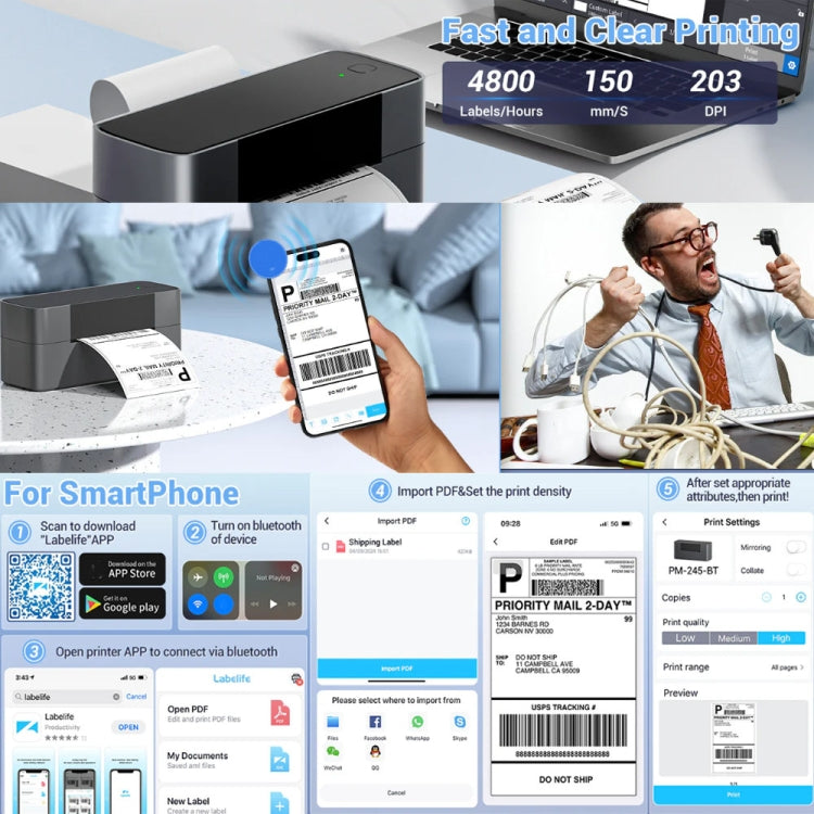 Phomemo PM245-BT Bluetooth Shipping Label Printer Support Labels Width  1- 4.6 Inch(US Plug) - HoMEdemic™ 