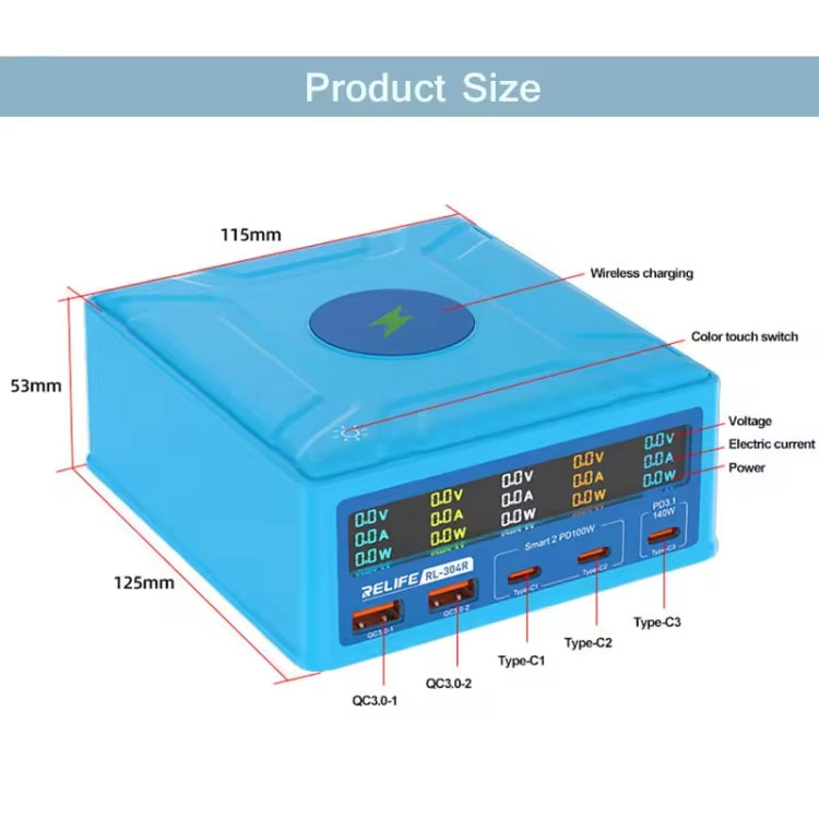 RELIFE RL-304R 5-Port 260W GaN Smart USB Fast Charger With 15W Wireless Chargind LCD Display(EU Plug) - HoMEdemic™ 