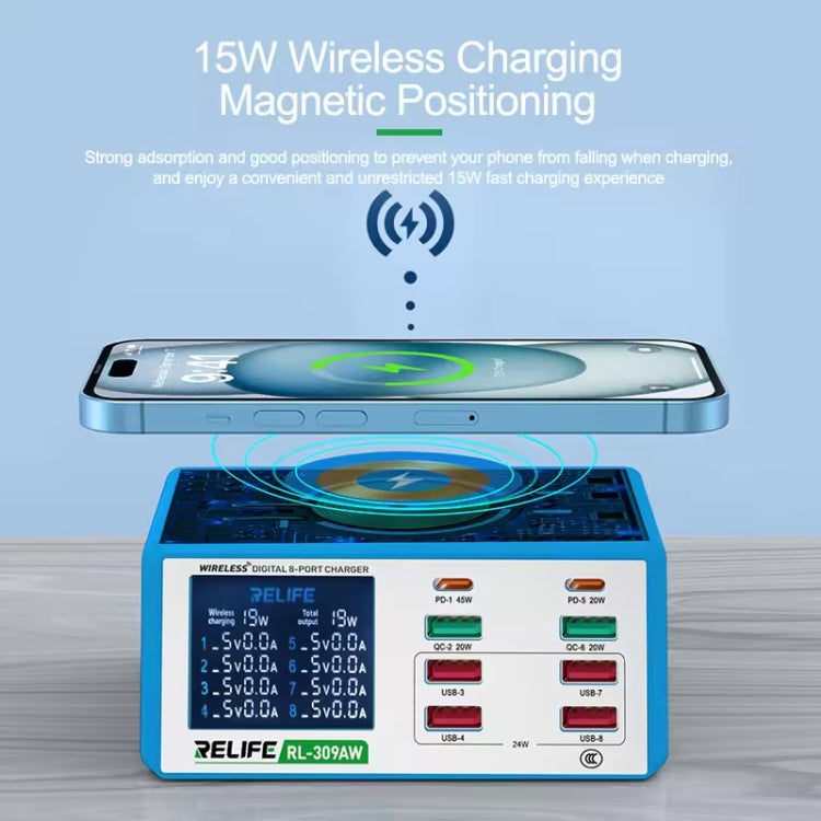 RELIFE RL-309AW  QC3.0 PD Fast Wireless Charger With LCD Display 8 Ports(US Plug) - HoMEdemic™ 