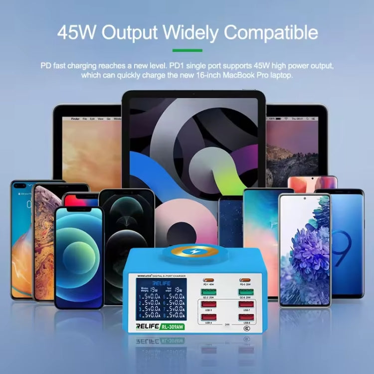 RELIFE RL-309AW  QC3.0 PD Fast Wireless Charger With LCD Display 8 Ports(US Plug) - HoMEdemic™ 