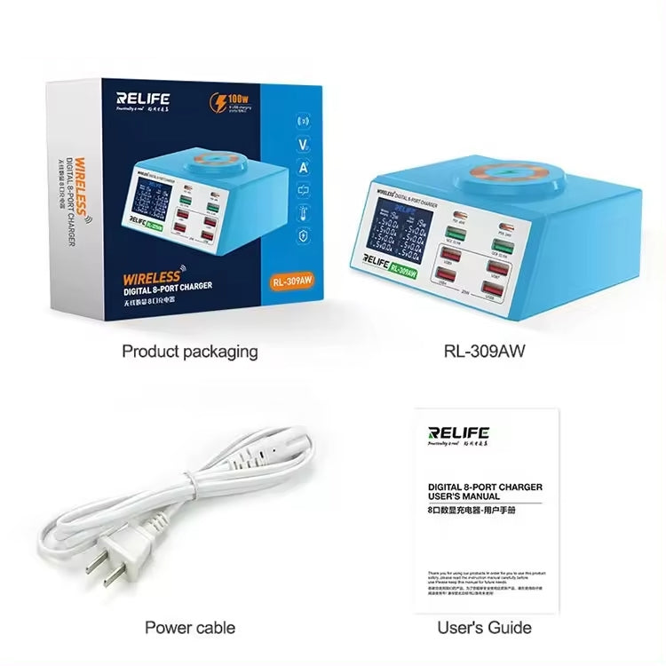 RELIFE RL-309AW  QC3.0 PD Fast Wireless Charger With LCD Display 8 Ports(US Plug) - HoMEdemic™ 