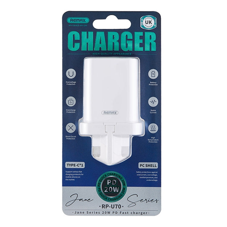 REMAX RP-U70 Jane Series 20W USB-C/Type-C PD Fast Charger, Specification:UK Plug(White) - HoMEdemic™ 