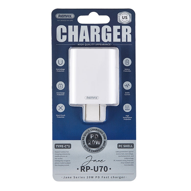 REMAX RP-U70 Jane Series 20W USB-C/Type-C PD Fast Charger, Specification:US Plug(White) - HoMEdemic™ 