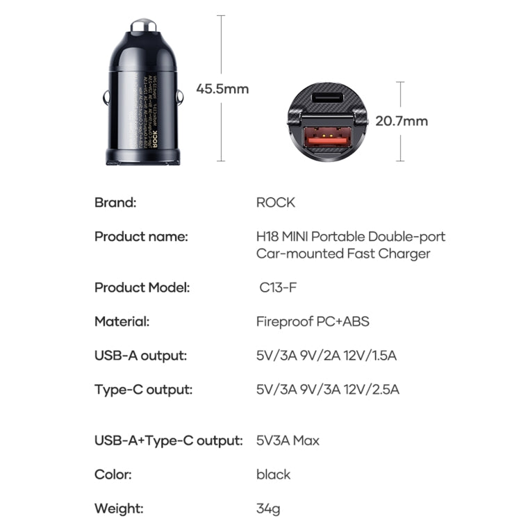 ROCK C13-F H18 Mini Portable Dual Port USB + USB-C / Type-C Car Fast Charger - HoMEdemic™ 
