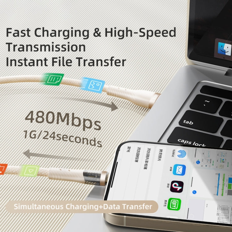 ROCK G20 2 in 1 5A USB-C/Type-C to USB-C/Type-C+8 Pin Transparent Fast Charging Data Cable, Length: 1.5m(Beige) - HoMEdemic™ 