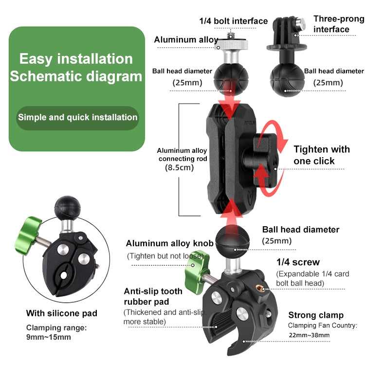 RUIGPRO Crab Clamp Action Camera Bracket 1/4 Dual-Head Crab 3-Stage Selfie Stick - HoMEdemic™ 