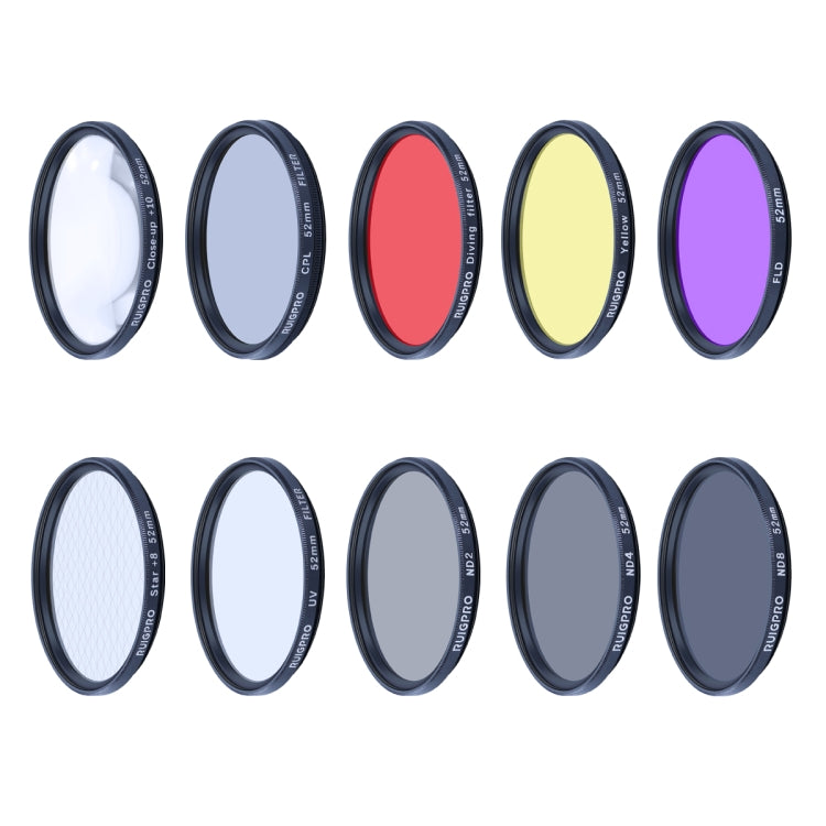RUIGPRO for GoPro HERO10 Black / HERO9 Black Professional 52mm 52mm 10 in 1 UV+ND2+ND4+ND8+Star 8+ +CPL+Yellow/Red/Purple+10X Close-up Lens Filter with Filter Adapter Ring & Lens Cap - HoMEdemic™ 