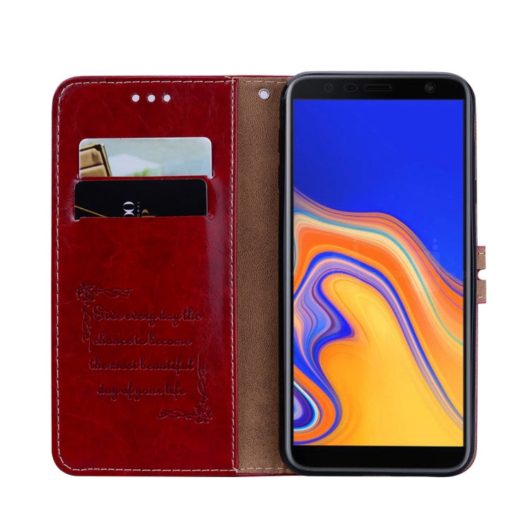 Business Style Oil Wax Texture Horizontal Flip Leather Case for Galaxy J4+, with Holder & Card Slots & Wallet