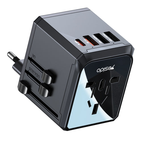 Yesido MC24 20W 3 USB + Type-C Ports Multi-function Universal Travel Adapter Plug (Black) - HoMEdemic™ 