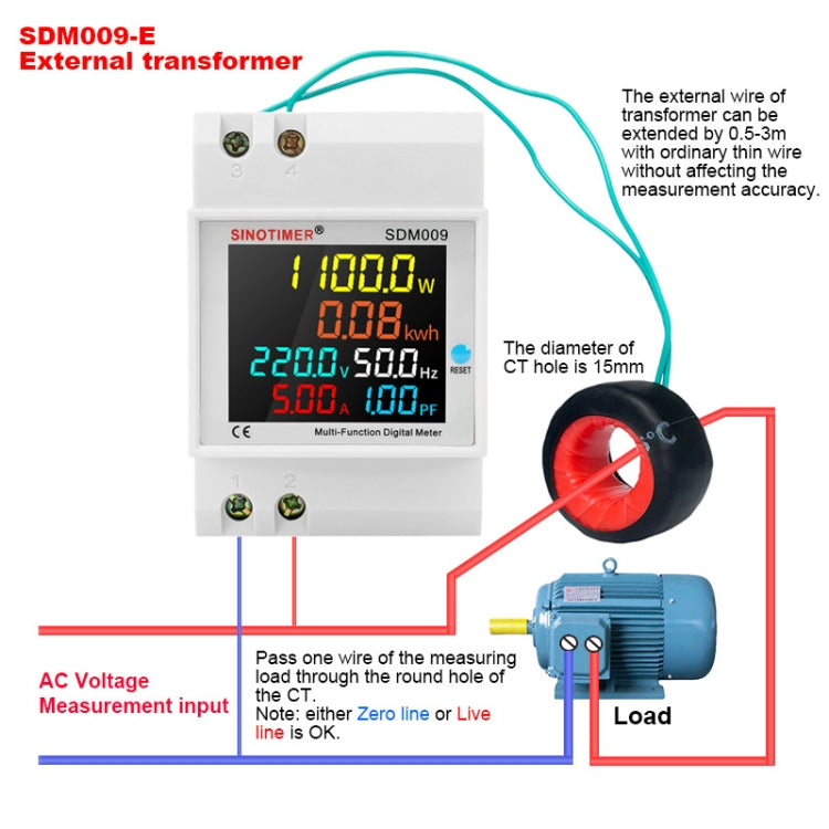 SINOTIMER SDM009 Din Rail Single-Phase Voltage Current Frequency Power Factor Electricity Multifunctional Meter, Model: AC250-450V External - HoMEdemic™ 