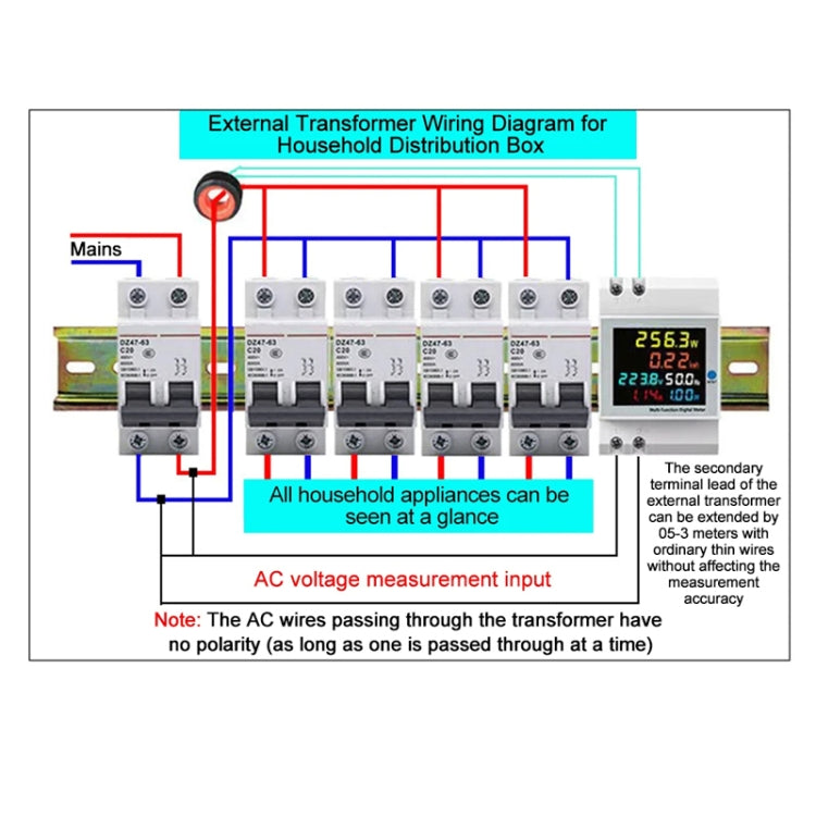 SINOTIMER SDM009 Din Rail Single-Phase Voltage Current Frequency Power Factor Electricity Multifunctional Meter, Model: AC40-300V External - HoMEdemic™ 