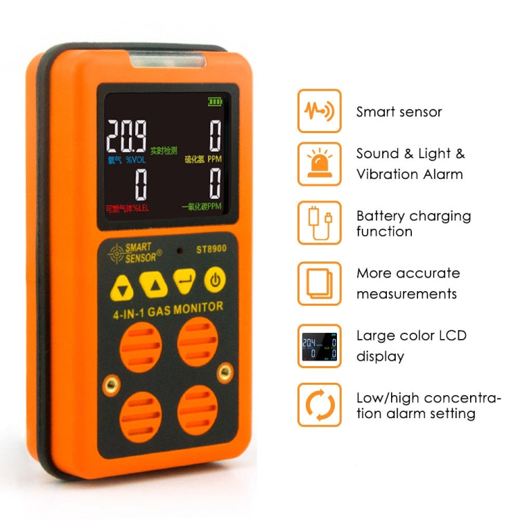 SMART SENSOR ST8900 4 in 1 Toxic Gas CO Carbon Monoxide Detector Hydrogen Sulfide H2S Oxygen Combustible Gas Test LCD Display Monitor, Sound Light Vibration Alarm - HoMEdemic™ 