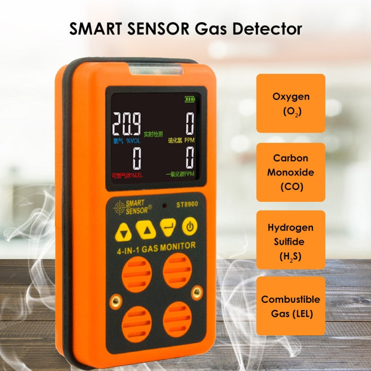 SMART SENSOR ST8900 4 in 1 Toxic Gas CO Carbon Monoxide Detector Hydrogen Sulfide H2S Oxygen Combustible Gas Test LCD Display Monitor, Sound Light Vibration Alarm - HoMEdemic™ 