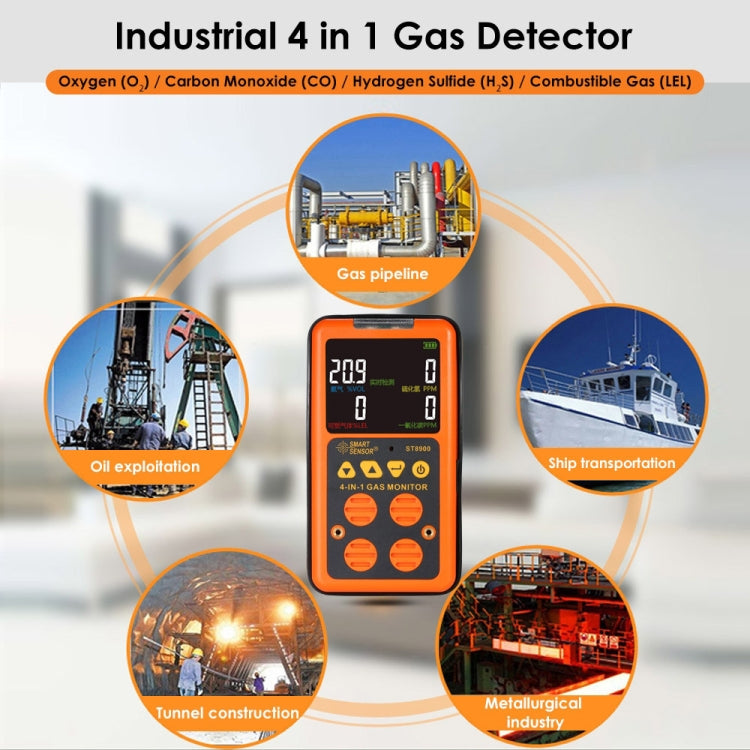 ST8900 4 in 1 Toxic Gas CO Carbon Monoxide Detector Hydrogen Sulfide H2S Oxygen Combustible Gas Test LCD Display Monitor, Sound Light Vibration Alarm - HoMEdemic™ 