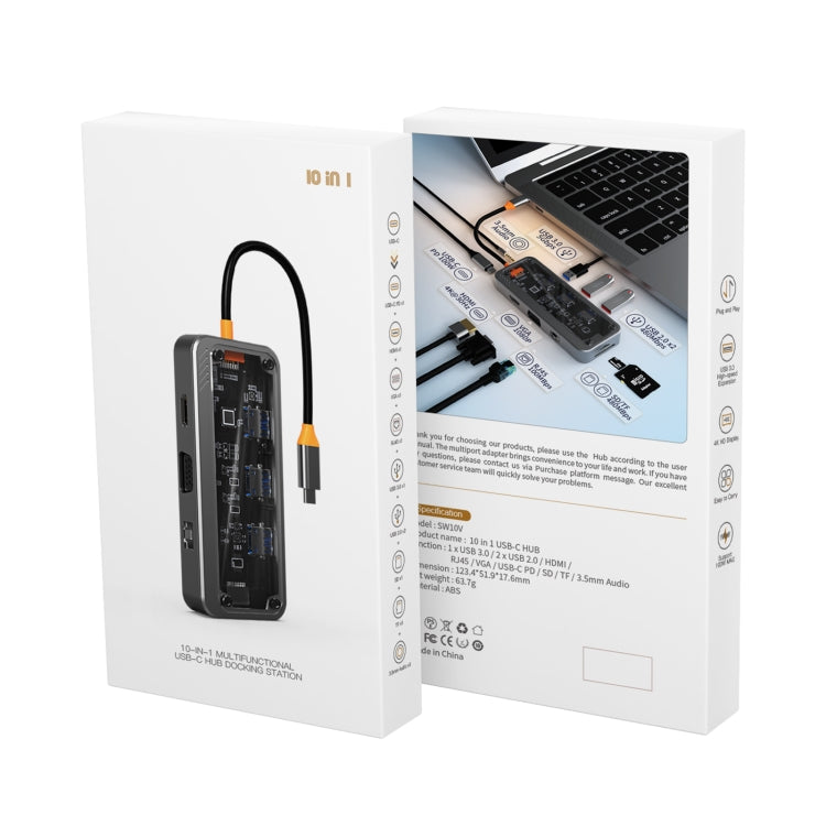 SW10V 10 in 1 Type-C to USB + HDMI + VGA + RJ45 + SD/TF + Audio 3.5 HUB Docking Station(Grey) - HoMEdemic™ 