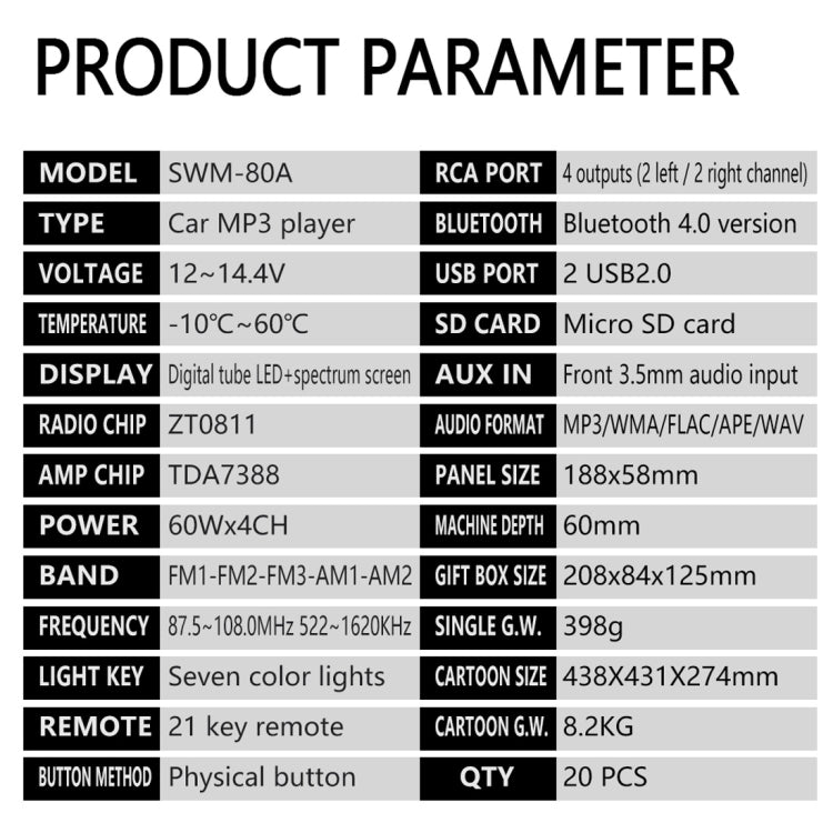 SWM-80A DC12V Car MP3 Support FM / AM & Bluetooth & Mobile Phone Voice Assistant, SWM-80A - HoMEdemic™ 