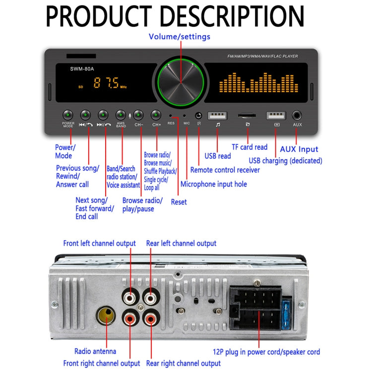 SWM-80A DC12V Car MP3 Support FM / AM & Bluetooth & Mobile Phone Voice Assistant, SWM-80A - HoMEdemic™ 