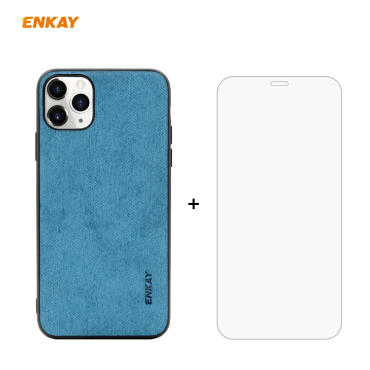 For iPhone 11 Pro ENKAY ENK-PC0292 2 in 1 Business Series Fabric Texture PU Leather + TPU Soft Slim CaseCover ＆ 0.26mm 9H 2.5D Tempered Glass Film(Blue) - HoMEdemic™ 