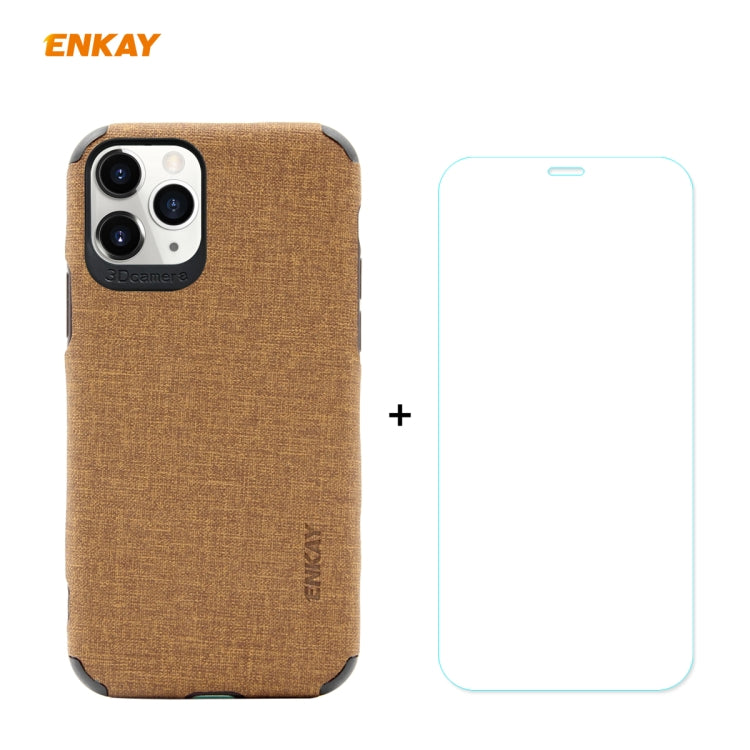For iPhone 11 Pro Max ENKAY ENK-PC0332 2 in 1 Business Series Denim Texture PU Leather + TPU Soft Slim Case Cover ＆ 0.26mm 9H 2.5D Tempered Glass Film(Brown) - HoMEdemic™ 
