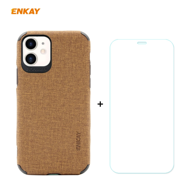 For iPhone 11 ENKAY ENK-PC0312 2 in 1 Business Series Denim Texture PU Leather + TPU Soft Slim Case Cover ＆ 0.26mm 9H 2.5D Tempered Glass Film(Brown) - HoMEdemic™ 