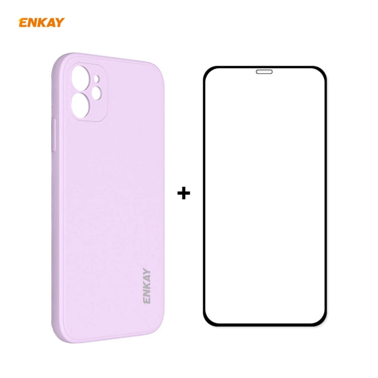 For iPhone 11 Hat-Prince ENKAY ENK-PC0642 Liquid Silicone Straight Edge Shockproof Protective Case + 0.26mm 9H 2.5D Full Glue Full Coverage Tempered Glass Protector Film(Purple) - HoMEdemic™ 