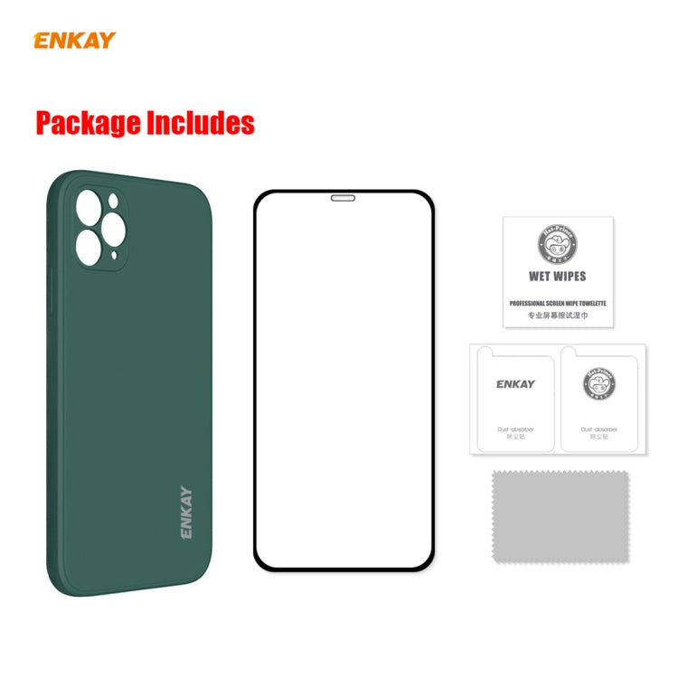 For iPhone 11 Pro Hat-Prince ENKAY ENK-PC0652 Liquid Silicone Straight Edge Shockproof Protective Case+ 0.26mm 9H 2.5D Full Glue Full Coverage Tempered Glass Protector Film(Dark Green) - HoMEdemic™ 