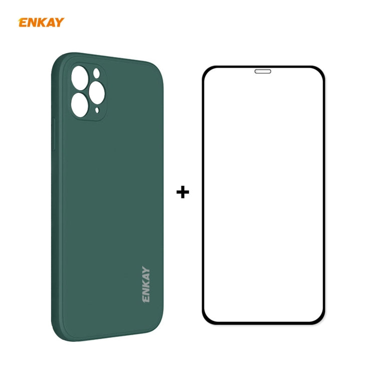 For iPhone 11 Pro Max Hat-Prince ENKAY ENK-PC0662 Liquid Silicone Straight Edge Shockproof Protective Case + 0.26mm 9H 2.5D Full Glue Full Coverage Tempered Glass Protector Film(Dark Green) - HoMEdemic™ 