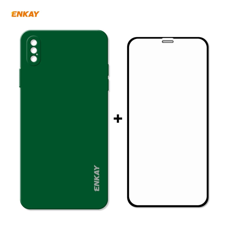 For iPhone X / XS Hat-Prince ENKAY ENK-PC0712 Liquid Silicone Straight Edge Shockproof Protective Case + 0.26mm 9H 2.5D Full Glue Full Screen Tempered Glass Film(Dark Green) - HoMEdemic™ 
