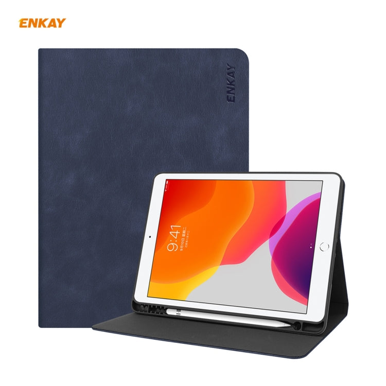 For iPad 10.2 2021 / 2020 / 2019 ENKAY ENK-8023 Cow Texture PU Leather + TPU Smart Case with Pen Slot(Dark Blue) - HoMEdemic™ 