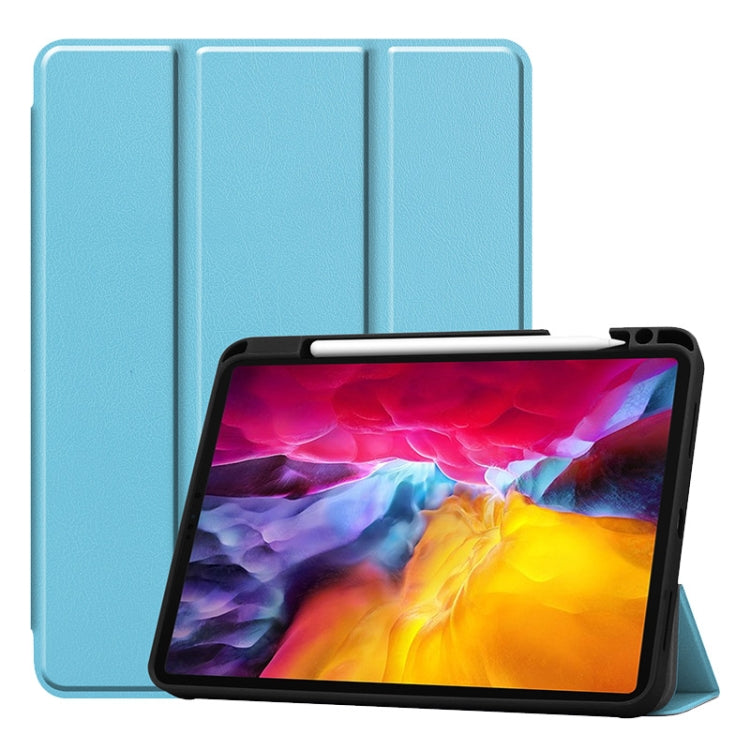 For iPad Pro 11 2022 / 2021 / 2020 ENKAY 3-Folding Shockproof TPU Cover Custer Texture PU Leather Tablet Case with Pencil Slot & Holder & Sleep / Wake-up Function(Light Blue) - HoMEdemic™ 