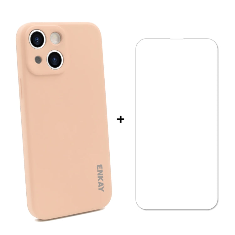 For iPhone 13 mini Hat-Prince ENKAY Liquid Silicone Shockproof Protective Case Drop Protection Cover + 9H Tempered Glass Screen Protector (Pink) - HoMEdemic™ 