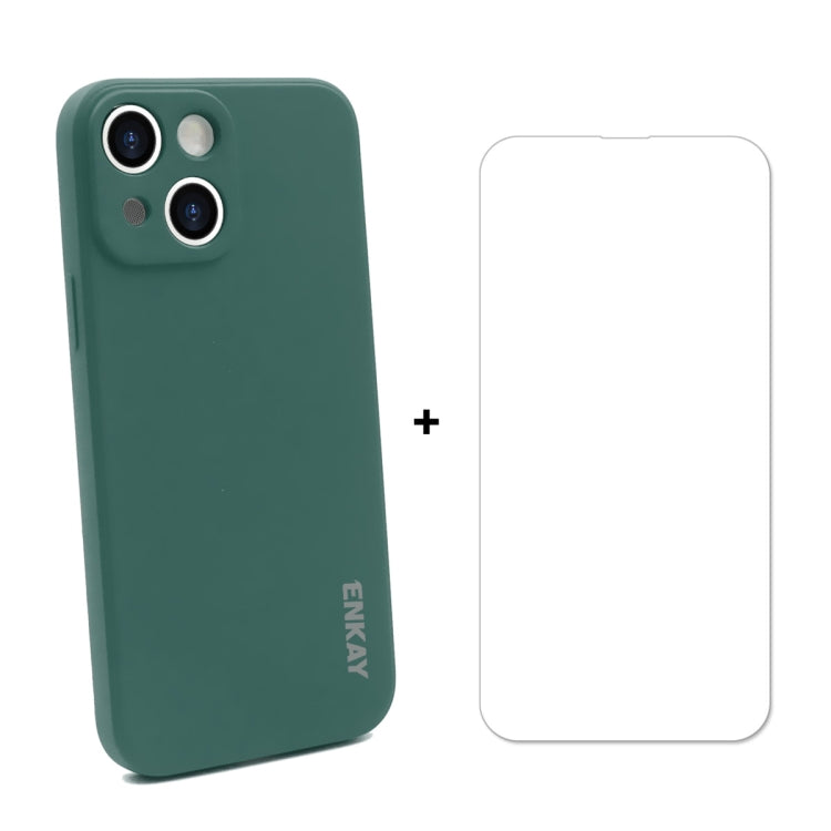 For iPhone 13 ENKAY Liquid Silicone Shockproof Case with 9H Tempered Glass Film(Dark Green) - HoMEdemic™ 