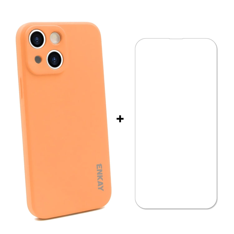 For iPhone 13 ENKAY Liquid Silicone Shockproof Case with 9H Tempered Glass Film(Orange) - HoMEdemic™ 