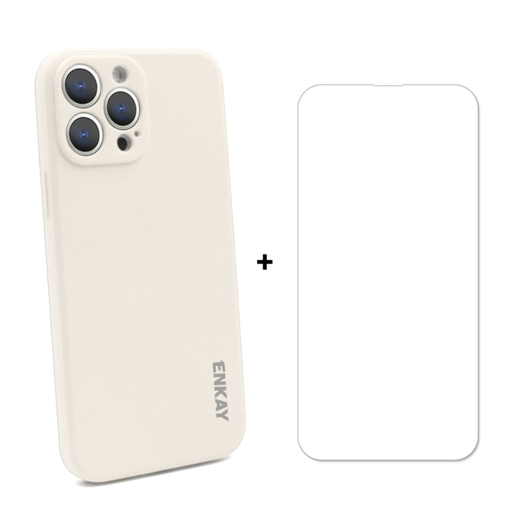 For iPhone 13 Pro Hat-Prince ENKAY Liquid Silicone Shockproof Protective Case Drop Protection Cover + 9H Tempered Glass Screen Protector (Beige) - HoMEdemic™ 