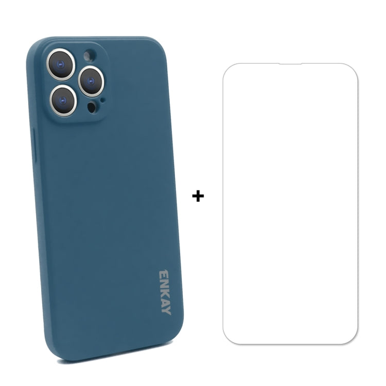 For iPhone 13 Pro Hat-Prince ENKAY Liquid Silicone Shockproof Protective Case Drop Protection Cover + 9H Tempered Glass Screen Protector (Dark Blue) - HoMEdemic™ 