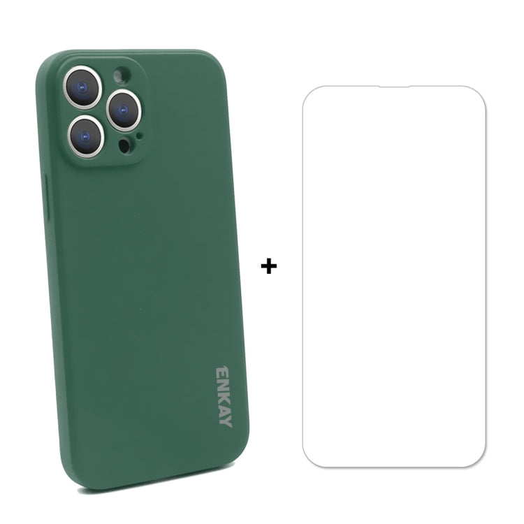 For iPhone 13 Pro Hat-Prince ENKAY Liquid Silicone Shockproof Protective Case Drop Protection Cover + 9H Tempered Glass Screen Protector (Dark Green) - HoMEdemic™ 
