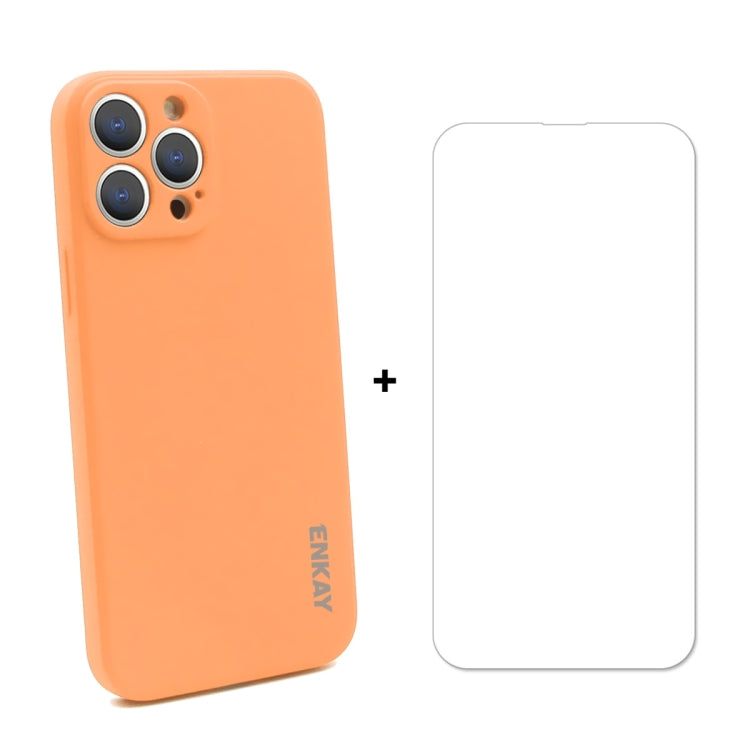 For iPhone 13 Pro Hat-Prince ENKAY Liquid Silicone Shockproof Protective Case Drop Protection Cover + 9H Tempered Glass Screen Protector (Orange) - HoMEdemic™ 