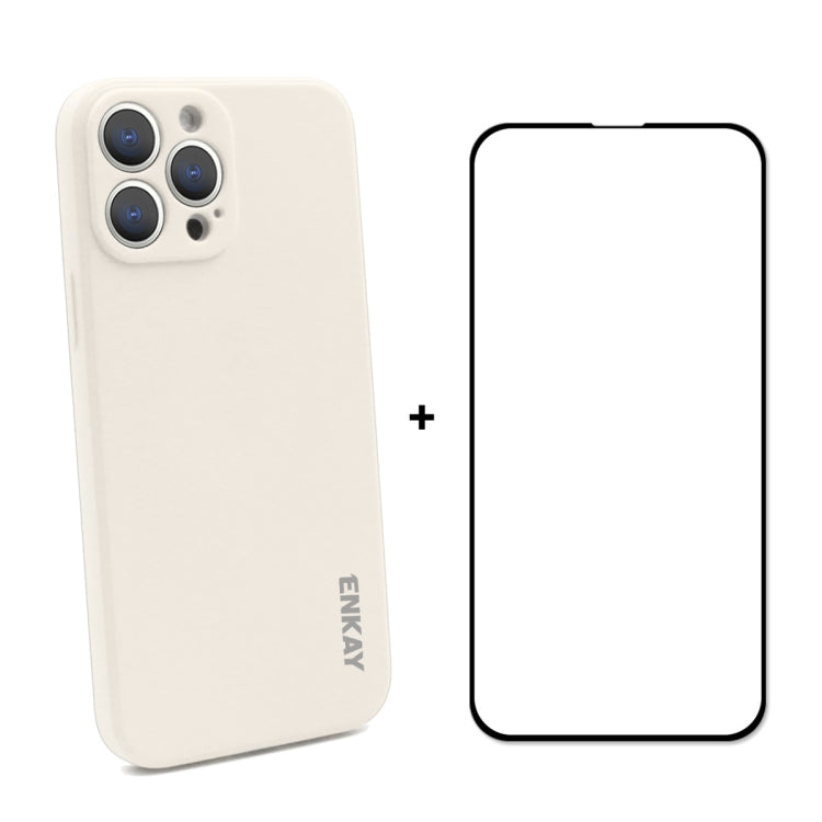 For iPhone 13 Pro Hat-Prince ENKAY Liquid Silicone Shockproof Protective Case Drop Protection Cover + Full Coverage Tempered Glass Protector Film (Beige) - HoMEdemic™ 
