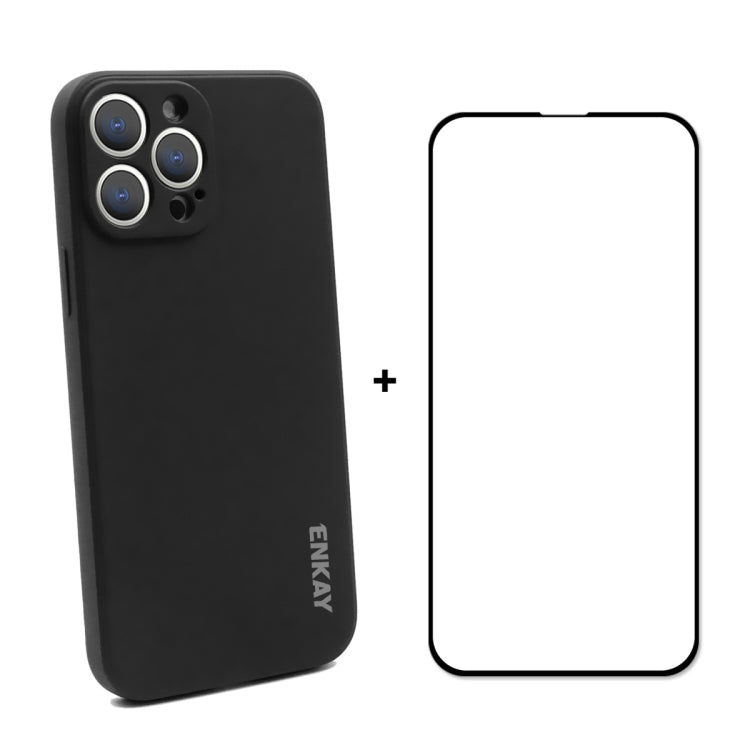 For iPhone 13 Pro Hat-Prince ENKAY Liquid Silicone Shockproof Protective Case Drop Protection Cover + Full Coverage Tempered Glass Protector Film (Black) - HoMEdemic™ 