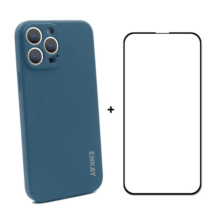 For iPhone 13 Pro Hat-Prince ENKAY Liquid Silicone Shockproof Protective Case Drop Protection Cover + Full Coverage Tempered Glass Protector Film (Dark Blue) - HoMEdemic™ 