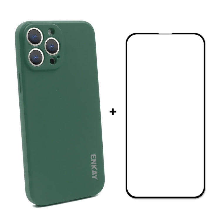 For iPhone 13 Pro Hat-Prince ENKAY Liquid Silicone Shockproof Protective Case Drop Protection Cover + Full Coverage Tempered Glass Protector Film (Dark Green) - HoMEdemic™ 